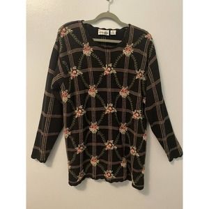 Vintage Paul Harris Design Sweater Size M Embroidered Black Floral Knit L/S